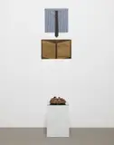 Josephine Meckseper, Der Spiesser und die Agonie des Realen (The Bourgeois and the Agony of the Real), 2004, pair of Birkenstock sandals, men's dress tie, patterned fabric, screen print on metallic coated paper, mirrored glass, pedestal