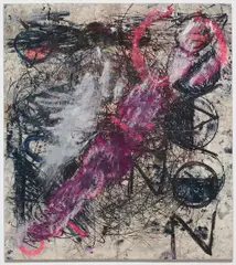 Untitled by Oscar Murillo, 2012, oil stick, string, spray paint, dirt, collage on canvas, sold Nov 2013