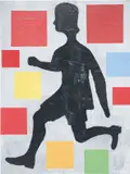 Donald Baechler, Five Color Abstraction with Running Figure, 2004, acrylic, fabric collage on canvas
