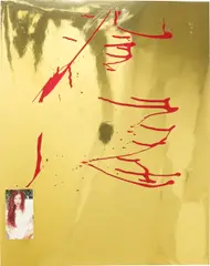 Trans Compositional (Crimped Red Hair, Cream Satin Dress) by Sterling Ruby, 2006, nail polish, collage on paper, sold Nov 2013