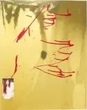 Sterling Ruby, Trans Compositional (Crimped Red Hair, Cream Satin Dress), 2006, nail polish, collage on paper