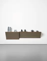 Haim Steinbach, matter grey, 2005, plastic laminated wood shelf, 2 metal ducts, 2 rubber dog chews, 2 rocks