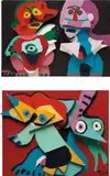 Couple in Wood; and Jumping Fox with Green Virgin by Karel Appel, 1976, Two wood constructions hand-painted in colors,, sold Apr 2013