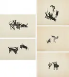 La rentrée du taureau; Deux petits taureaux; and Scènes de corrida: three working proofs by Pablo Picasso, 1945, Five lithographs, on Arches, Velin Renage, and Chine papers, with margins,, sold Apr 2013