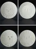 Visage de Faune tourmenté (Tormented Faun’s Face); Dormeur (Sleeper); Visage à la Grille (Face with Grid); and Visage aux Palmes (Face with Palm-Leaves) by Pablo Picasso, 1956, Four white earthenware round dishes,, sold Apr 2013