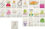 Andy Warhol, Wild Raspberries book; and Bodley Gallery announcement, 1959, The complete set of 18 offset lithographs, 17 with hand-coloring, one is a double plate, on laid paper, the full sheets, bound (as issued), recipes by Suzie Frankfurt,with original fuchsia tissue overlays,