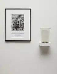 Josiah McElheny, Recreating a Miraculous Object, 1997-1999, The complete set of three objects, one framed reproduction of a Renaissance fresco with text, one hand-blown glass vase and one painted shelf,
