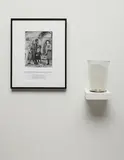 Josiah McElheny, Recreating a Miraculous Object, 1997-1999, The complete set of three objects, one framed reproduction of a Renaissance fresco with text, one hand-blown glass vase and one painted shelf,