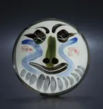 Visage no. 179 (Face no. 179) by Pablo Picasso, 1963, White earthenware round plate painted in green, blue, red and black with decoration, enamel and glaze,, sold Apr 2013
