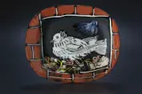 Pablo Picasso, Colombe à la lucarne (Dove at the Dormer), 1949, White earthenware rectangular dish painted in red, yellow, blue and black with decoration, knife engraving and partial brushed glaze,