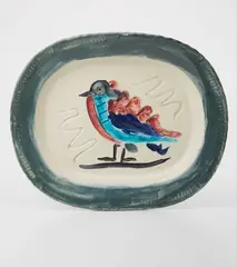Oiseau Polychrome (Polychrome Bird) by Pablo Picasso, 1947, White earthenware rectangular dish, painted in gray, pink, green, blue and black with engraving and glaze,, sold Apr 2013