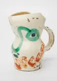 Visage aux Cercles (Face with Circles) by Pablo Picasso, 1969, White earthenware turned pitcher painted in gray patina, green, red, blue, white with partial brushed glaze,, sold Apr 2013