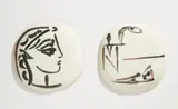 Profil de Jacqueline (Jacqueline's Profile); and Plongeurs (Divers) by Pablo Picasso, 1956, Two white earthenware small convex wall plaques painted in oxidized paraffin, ivory and brown with glaze,, sold Apr 2013