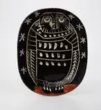 Pablo Picasso, Hibou Brillant (Bright Owl), 1955, White earthenware rectangular dish painted in black, white and blue with knife engraving and glaze,
