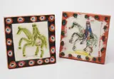 Pablo Picasso, Cavalier et Cheval (Cavalier and Horse): two variations, 1968-69, Two red earthenware square plaques with engraving enhanced with oxides under partial brushed glaze, one painted in black patina, white, green and blue and one painted in white, two greens, blue and yellow,
