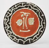 Pablo Picasso, Visage en Gros Relief (Face in Thick Relief), 1959, White earthenware round dish with ivory, green, mat russet and black pastel crayons under partial brushed glaze,