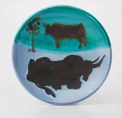 Toros by Pablo Picasso, 1952, White earthenware turned plate painted in white enamel, blue, green and black with oxidized paraffin,, sold Apr 2013