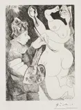 Pablo Picasso, Peintre-buffon peignant sur son modèle, qui se peint les yeux, pl. 58, from 156 Series, 1971, Etching, on Rives paper, with full margins,
