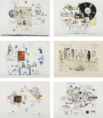 Saul Steinberg, Six Drawing Tables portfolio, 1970, The complete set of six lithographs in colors with collage, on Arches paper, with full margins,