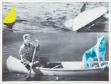 Man, Dog, (Blue) Canoe, Shark Fins (One Yellow) Capsized Boat by John Baldessari, 2002, Lithograph in colors, on Somerset paper, with full margins,, sold Apr 2013