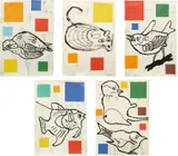 Donald Baechler, Fish and Wildlife series, 1995, The complete set of five lithographs in colors, on handmade paper, the full sheets,