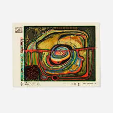 Eyebalance Number Five (from the Look at It on a Rainy Day portfolio) by Friedensreich Hundertwasser, 1971, screenprint in colors with metallic embossing, sold Jan 2026
