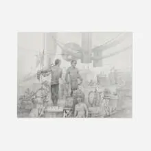Untitled (Man with Flag and Other Figures) by John Lear, 2003, graphite on paper, sold Dec 2025