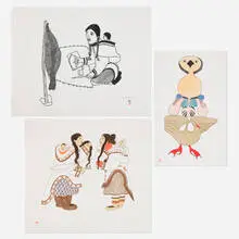 Ashoona Mayureak, Three works, 1983-91, lithograph in colors; lithograph and stencil in colors; stonecut