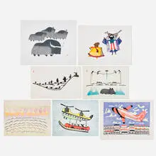 Pudlo Pudlat, Seven works, 1986-91, lithograph in colors on Somerset; lithograph and stencil in colors; lithograph in colors on Arches; lithograph in colors on BFK Rives