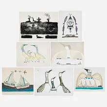 Pudlo Pudlat, Seven works, 1983-91, lithograph in colors; stonecut and stencil in colors; stonecut; lithograph on Rives; lithograph; lithograph and stencil in colors on Arches