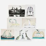 Pudlo Pudlat, Seven works, 1983-91, lithograph in colors; stonecut and stencil in colors; stonecut; lithograph on Rives; lithograph; lithograph and stencil in colors on Arches