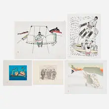 Napachie Pootoogook, Five works, 1982-90, stonecut and stencil in colors; lithograph in colors; lithograph in colors on BFK Rives