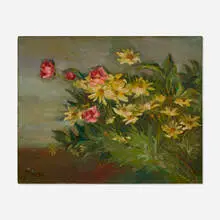 Chuck Fee Wong, Still Life with Daisies and Roses, 1961, oil on canvas board