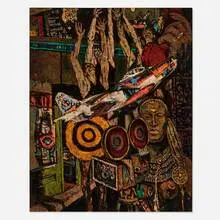 Sidney Gross, Mural Montage with F-86 - NYU Basketball Team, c. 1950, oil on canvas