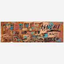 Purvis Young, Untitled (Cityscape with Figures and Cars), paint on found wood
