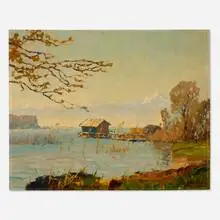 Erich Mercker, Landscape with Boathouses, Lake and Mountains, oil on Masonite