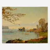 Erich Mercker, Landscape with Boathouses, Lake and Mountains, oil on Masonite