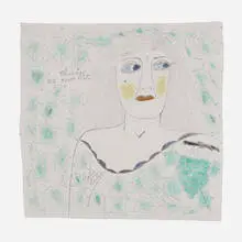 Untitled (Chicago We Own It) by Lee Godie, ballpoint pen and paint on unstretched canvas, sold Dec 2025