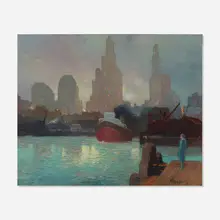 George Ames Aldrich, Chicago Skyline, oil on board