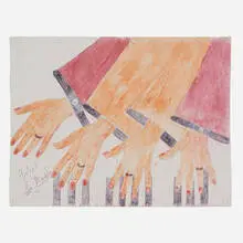 Lee Godie, Hands on a Keyboard, c. 1980, ballpoint pen and paint on canvas