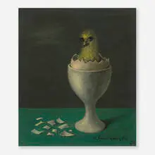 Gertrude Abercrombie, Chick in Egg Cup (Which Came First: Chick and Egg Shell), 1954, oil on Masonite
