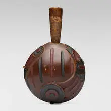 Tlingit, Feast rattle, carved and painted wood, fibers