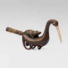 Tlingit, Oystercatcher rattle, wood, bone, abalone shell, jute, paint