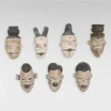 Ogoni, Elu (Spirit) masks, set of seven, carved and painted wood, metal, fiber