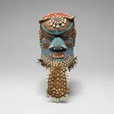 Bushongo, Bwoom helmet mask, carved wood, hammered copper, burlap, Cowrie shells, beads
