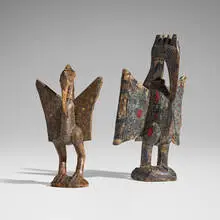 Senufo, Sejen (bird) guardian figures, set of two, wood, stamped metal, fabric