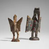 Senufo, Sejen (bird) guardian figures, set of two, wood, stamped metal, fabric