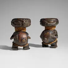 Tikar, Figures, set of two, carved wood, rope