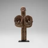 Punu artist, Bellows, carved and painted wood, leather, metal