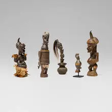 Collection of five objects by African and Oceanic, carved wood, bamboo, feathers, earthenware, hair, wicker, sold Dec 2025